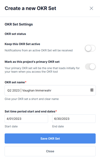 OKR Set customization menu example