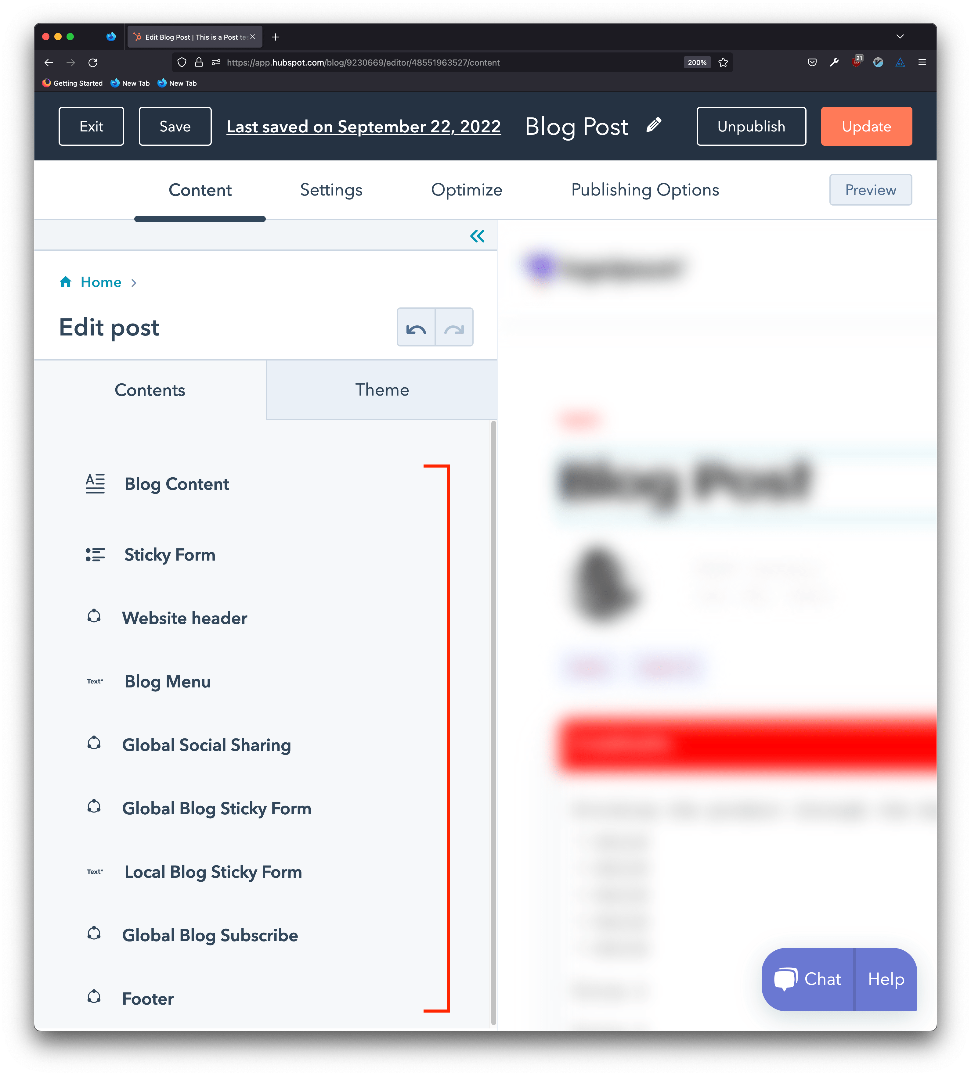 Blog Post with sticky menu modules