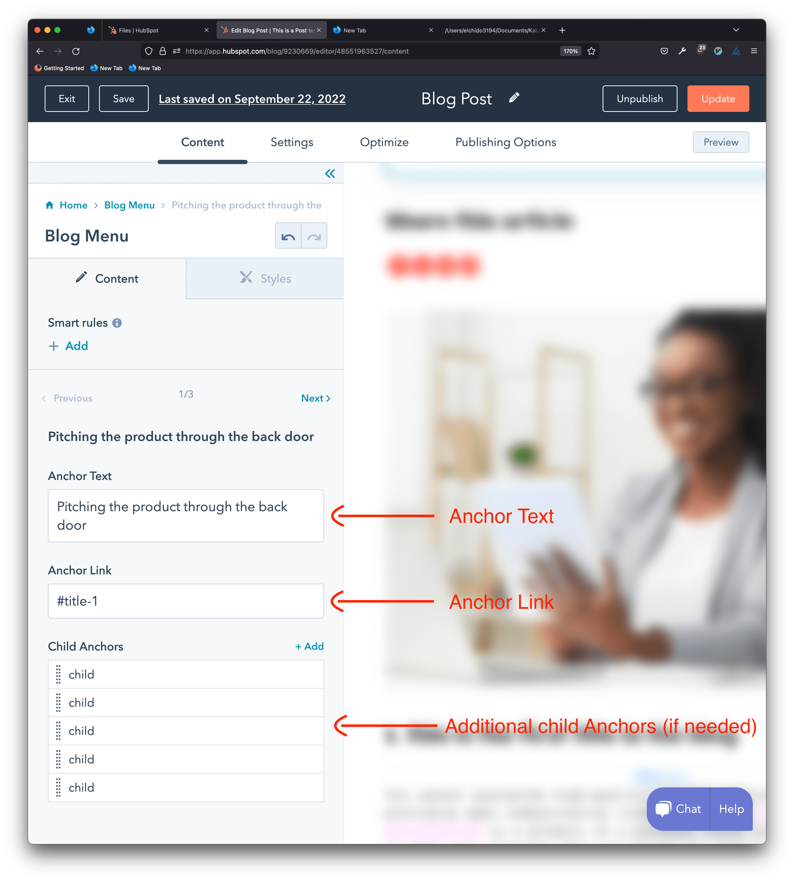 Blog Post with sticky menu modules